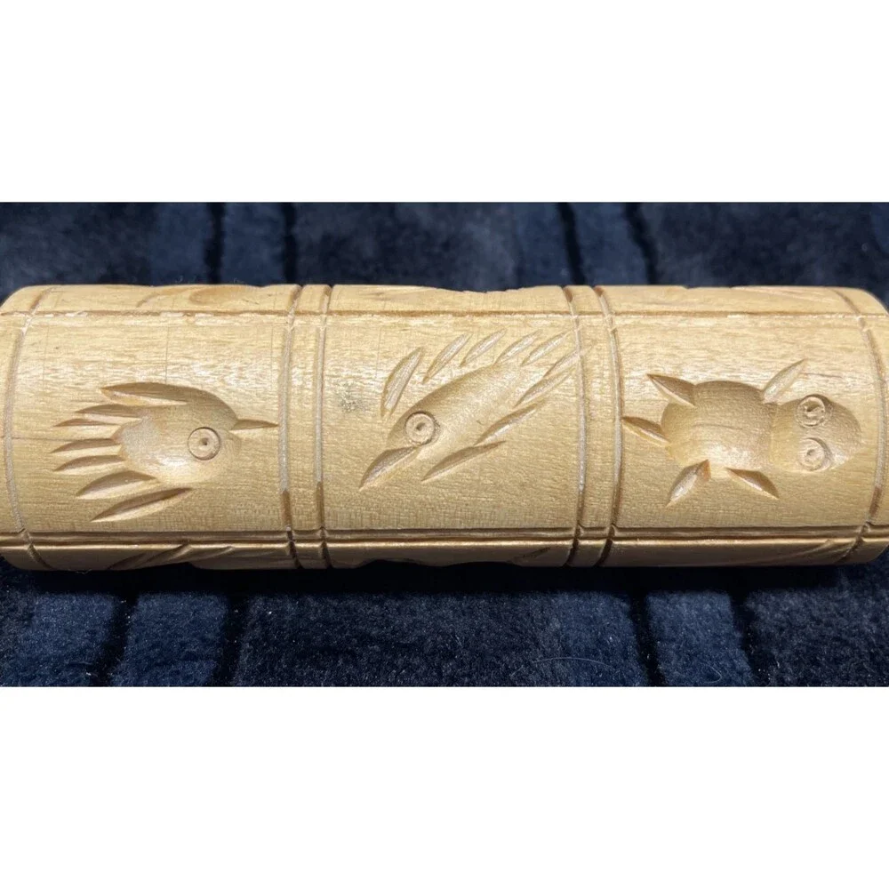 Vintage Carved Wooden Dough Rolling Pin Springerle Cookie Press 14